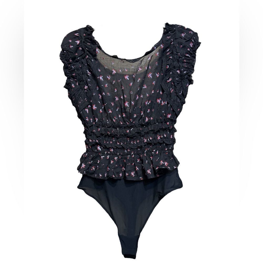 Free People NWT Ruffle Cut Out Floral Bodysuit in Black Combo Size Medium